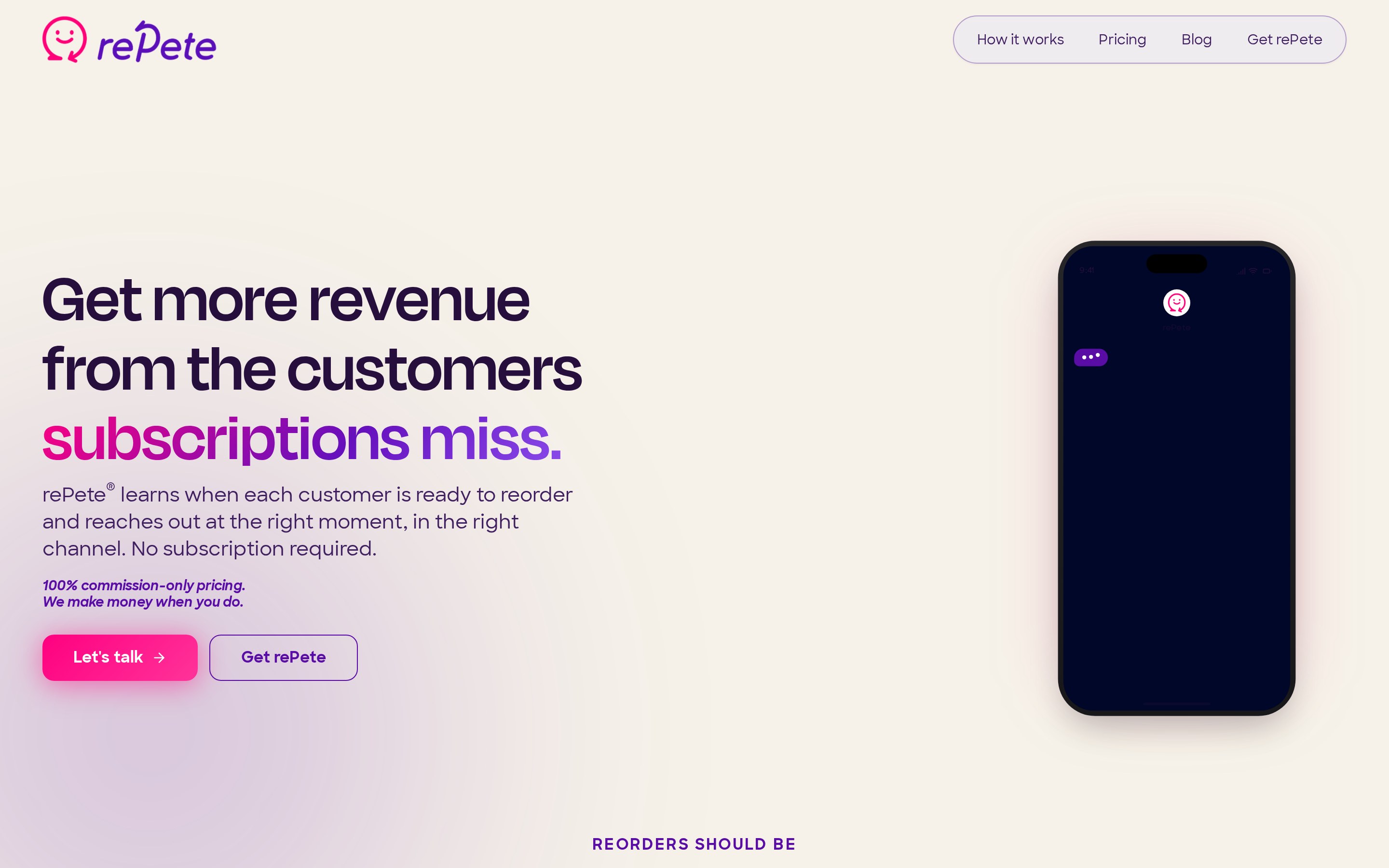 rePete website homepage: Get more revenue from the customers subscriptions miss